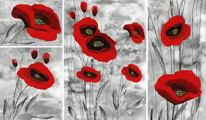 Collection of designer oil paintings. Decoration for the interior. Modern abstract art on canvas. Red poppy.