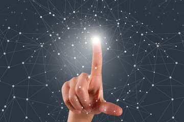 Female Hand Touching Stars or Pressing Network Concept Points