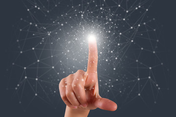Female Hand Touching Stars or Pressing Network Concept Points
