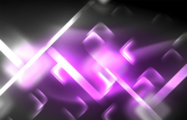 Neon square and line lights on dark background with blurred effects