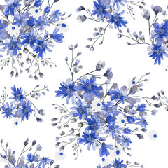 Seamless pattern with leaves and blue flowers. Floral design on a white background. Watercolor illustration. The original pattern for fabric and Wallpapers.