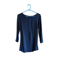 Blue blouse with sleeve on a hanger. Isolate. White background.