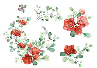 Watercolor drawing of a branch with leaves and flowers. Botanical illustration. Composition of red roses, flowers and colorful leaves. Set of floral elements and herbs. - 268462490