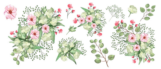 Watercolor drawing of flower compositions.Branches with leaves and flowers. Botanical illustration. Set: roses, flowers, bouquets, twigs, leaves isolated on white background. Pink rose.