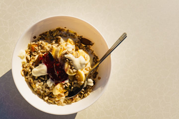 Healthy breakfast oatmeal with fruits