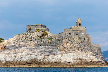 Porto Venere, Italy. 04-19-2019. View of San Pietro church at Porto Venere .Porto Venere, Italy