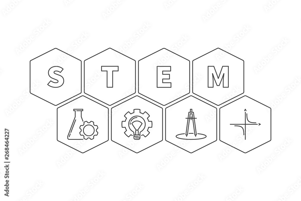 Aufkleber stem word with icons vector hexagonal illustration in thin line style