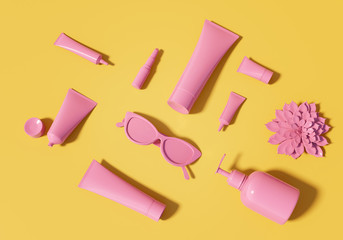 3d rendering illustration of cosmetic template. Pink colored tubes, lipstick, cat eye glasses and...