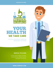 Medical flyer. Doctor in white coat healthcare concept advertizing page layout with place for your text vector design. Illustration of medical and medicine healthcare
