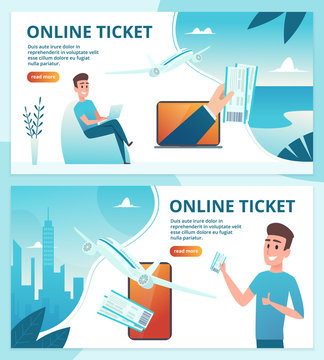 Air ticket online. Order avia tickets using mobile smartphone vector landing page web template. Airplane service, avia tourism illustration