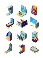 Game machines. Race simulator darts arcade funny games for kids pinball amusement park vector isometric machines. Illustration of video monitor entertainment, arcade and pinball, gameplay boxing