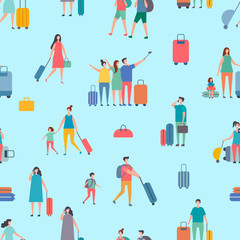 Fototapeta na wymiar Vector travellers, people with suitcase and bags seamless pattern. Illustration of travel and tourism, vacation people with bag