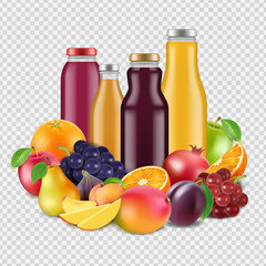 Realistic fruits and juices vector isolated on transparent background. Organic juicy fresh, mango and grape, pear and orange, apple and pomegranate illustration