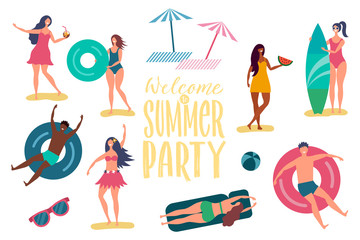 Beach summer party vector characters. International happy relaxing people isolated on white background. Beach vacation and relax, summer travel holiday illustration