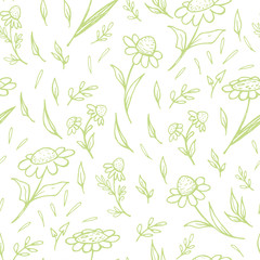 Green daisies sketches seamless pattern.