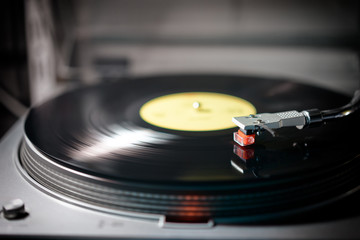 Turntable vinyl record player. Retro audio equipment for disc jockey. Sound technology for DJ to...