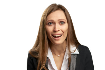 Wow! Shock! Amazed young business woman in black suit. Isolated on white.