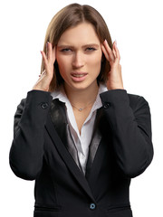 Feeling awful headache. Depressed young business woman holding head in hands and keeping eyes...