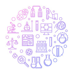 Chemistry Lab Equipment vector colorful round linear illustration on white background