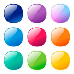 Colorful rounded square glossy buttons set. Vector assets for web or game design, app buttons, icons template isolated on white background.