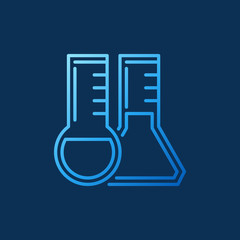 Round-bottom and Conical flask outline blue vector icon or design element on dark background