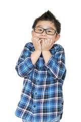 Back to school. Little child in glasses feels like shock when time to school on white background on isolated