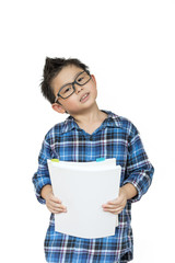 Cute boy waring glasses ready for a classroom on white background on isolated, Back to school