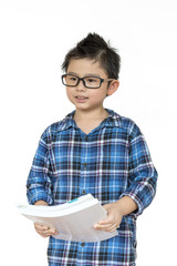 Little kid waring glasses ready for a classroom on white background on isolated, Back to school