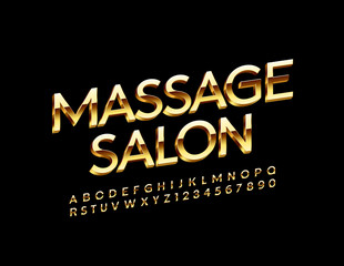 Vector elite logo Massage Salon. Set of Golden Alphabet Letters, Numbers and Symbols. 3D Glossy Font.