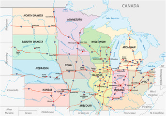 Fototapeta premium Mapa wektorowa środkowego zachodu Stanów Zjednoczonych Ameryki