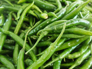 Green hot spicy chili peppers at the market counter