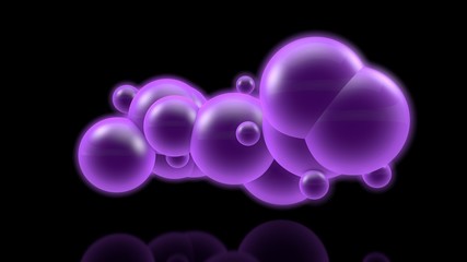 3D image of many glowing purple balls in a dark space. Illustration for futuristic and scientific, abstract composition. The idea of nuclear reactions and celebration. 3D rendering, isolated.