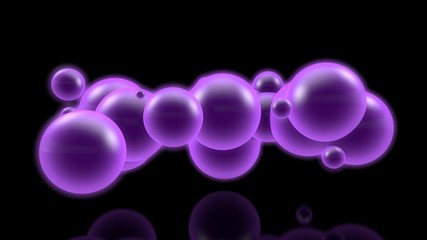 3D image of many glowing purple balls in a dark space. Illustration for futuristic and scientific, abstract composition. The idea of nuclear reactions and celebration. 3D rendering, isolated.