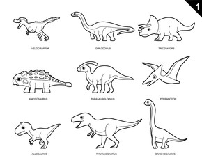 Dinosaur Coloring Book Cartoon Vector Illustration Set 1