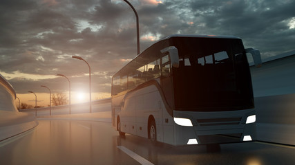 Tourist white bus driving on a highway at sunset backlit by a bright orange sunburst under an ominous cloudy sky. 3d Rendering © Laricha