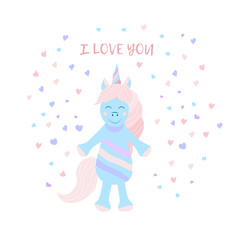 Cute fantasy unicorn with the inscription I love you. Children's print on a t-shirt. Vector Illustration