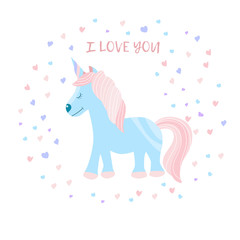 Cute fantasy unicorn with the inscription I love you. Children's print on a t-shirt. Vector Illustration