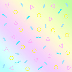 Creative background texture of memphis style shapes on yellow, pink and blue gradient