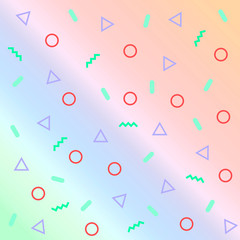 Creative background texture of memphis style shapes on orange, blue and green gradient
