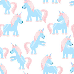 Seamless Pattern with Several Cute Fairy Tale Unicorn Children's print on a t-shirt. Vector Illustration