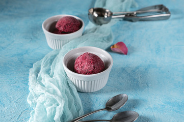 Berry ice cream or sorbet on rustic background - obrazy, fototapety, plakaty