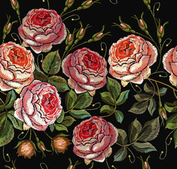 Roses embroidery seamless pattern. Template for design of clothes, t-shirt design, tapestry flowers renaissance style