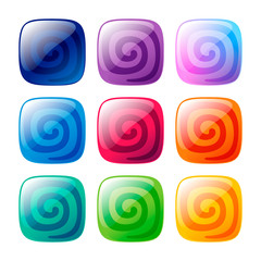 Colorful rounded square and circle glossy buttons set. Vector assets for web or game design, app buttons, icons template isolated on white background.