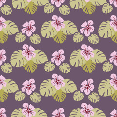 Tropical seamless pattern Monstera leaves, flowers