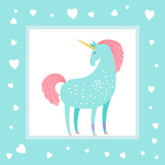 Card template with hearts and cartoon character unicorn vector illustration. Animal unicorn dream, fairytale magic