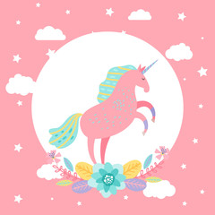 Cartoon unicorn with stars, flowers vector card template. Illustration of unicorn magic, funny animal