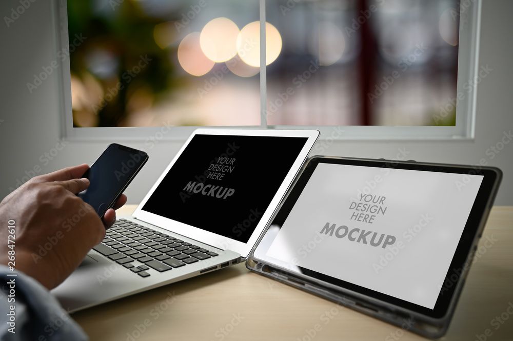 Poster mockup image of business laptop with blank screen on table blank copy space screen for your advertis
