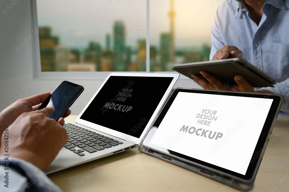 Poster mockup image of business laptop with blank screen on table blank copy space screen for your advertis