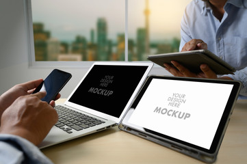 Mockup image of business Laptop with blank screen on table blank copy space screen for your advertising text message