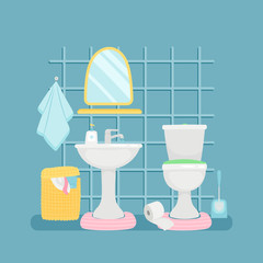 Sanitary room with sink, toilette, towels vector illustration. Interior of bathroom, toilet and bathtub
